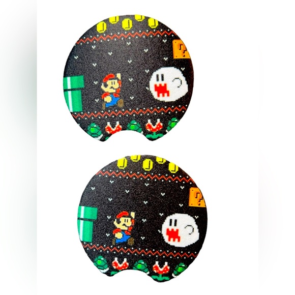 Mario Black Car Cup Holder Coasters Set Of 2 New Old School - Picture 1 of 2